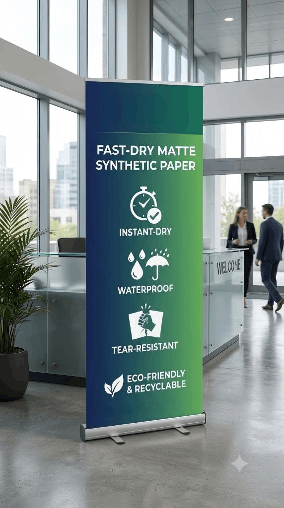 Matte synthetic paper for roll-up banners and exhibition displays