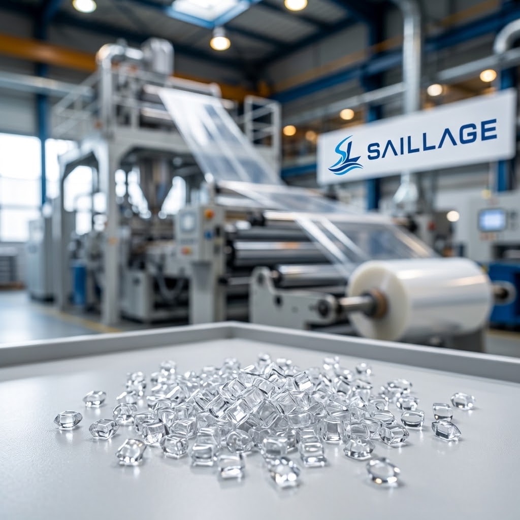 Premium extrusion grade PETG resin used as raw material for shrink film manufacturing in SAlLLAGE Shanghai factory.