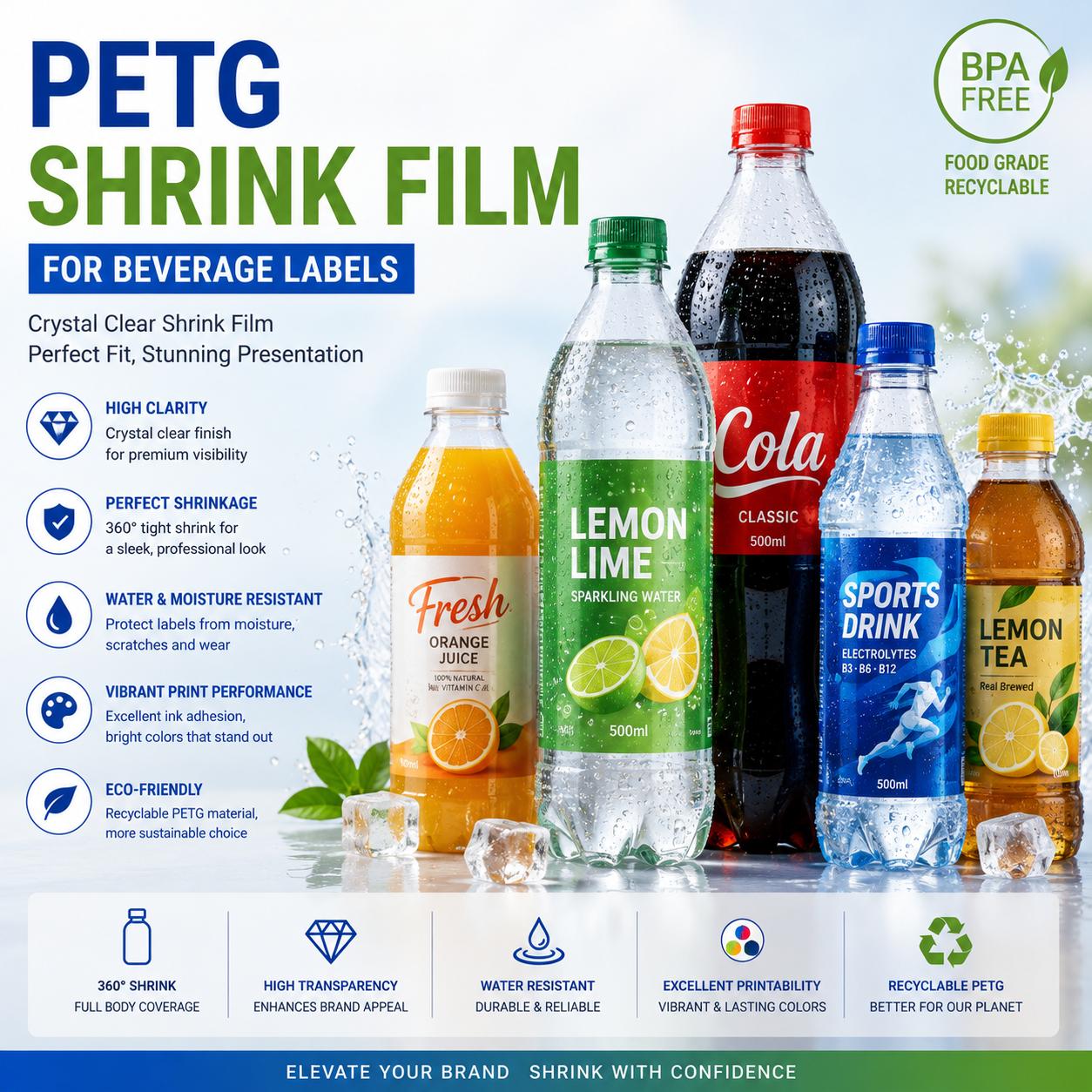 High TD shrinkage PETG shrink film for beverage labels perfectly fitted on contoured juice bottles by SAlLLAGE Shanghai factory.