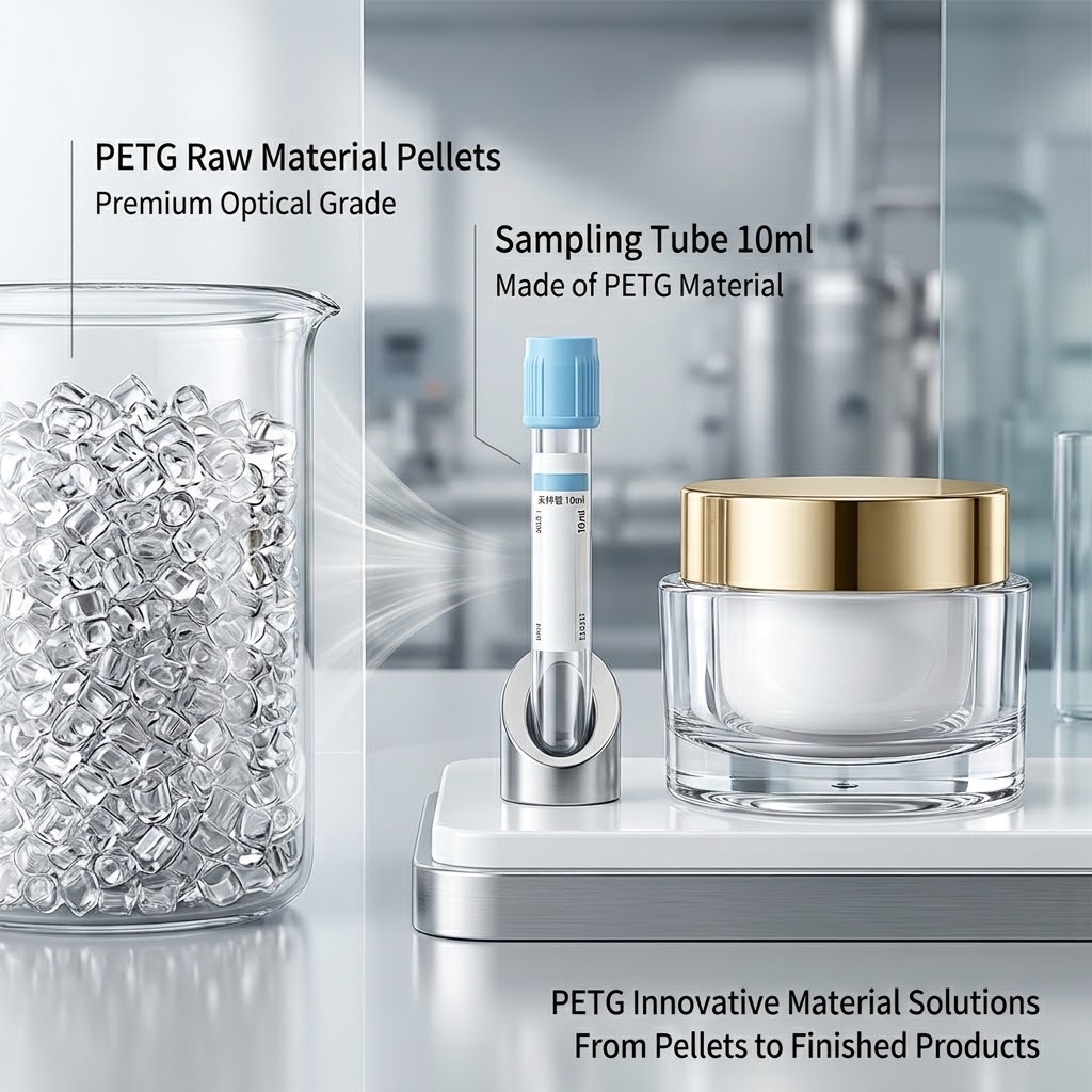 Clear injection molding PETG pellets and cosmetic jar resin for premium thick‑wall packaging and medical tubes.