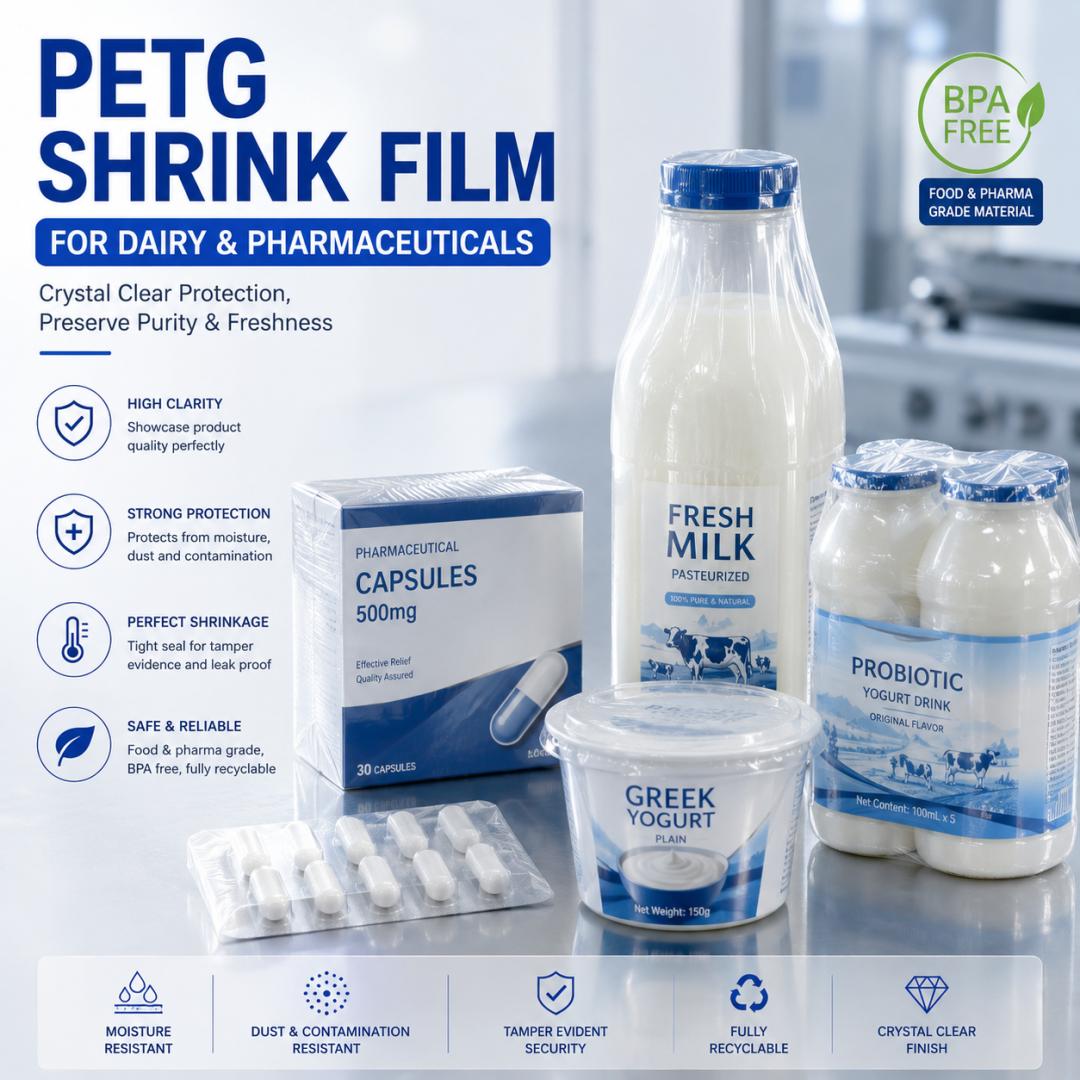Light‑blocking white shrink film and tamper‑evident bands for dairy and pharmaceutical safety packaging.